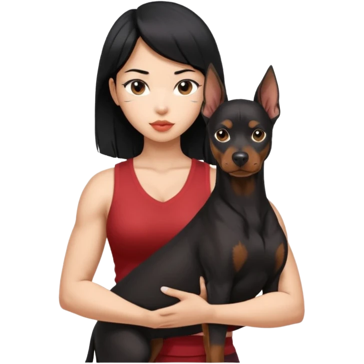 A medium black hair Asian girl holding a Doberman emoji