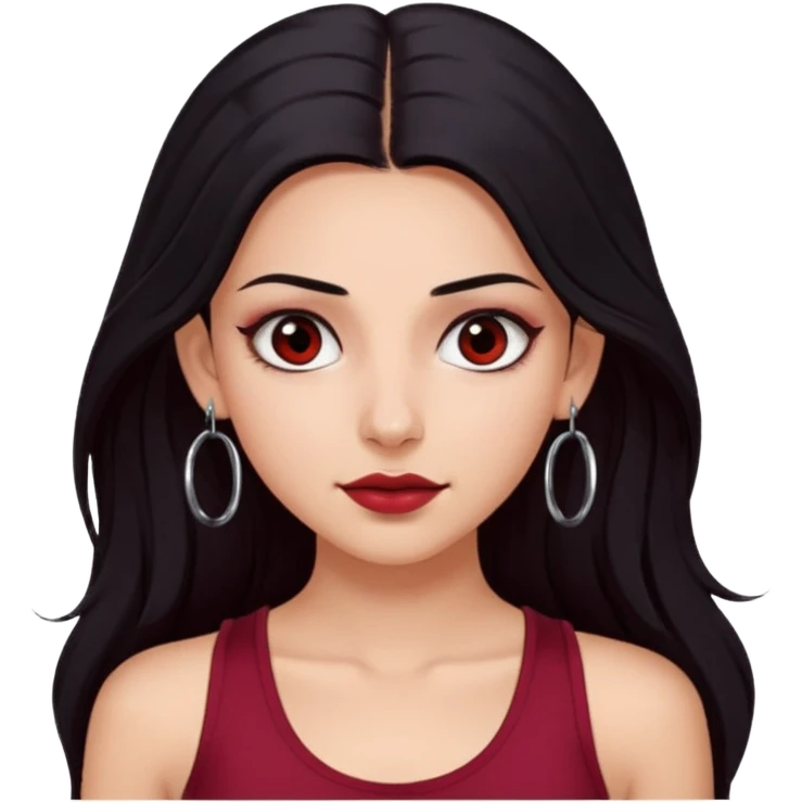 a pretty bratz fair girl with long black hair, kajal under eyes, small silver hoop. Dark cherry red tank top on. Black eyes emoji