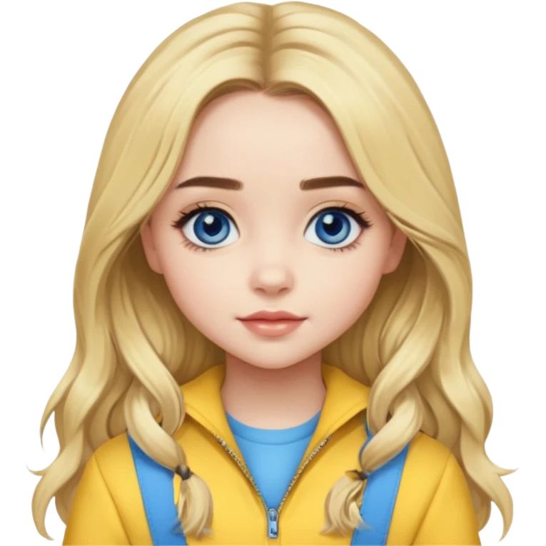 Sabrina Carpenter blue eyes, long blonde hair, yellow outfit emoji