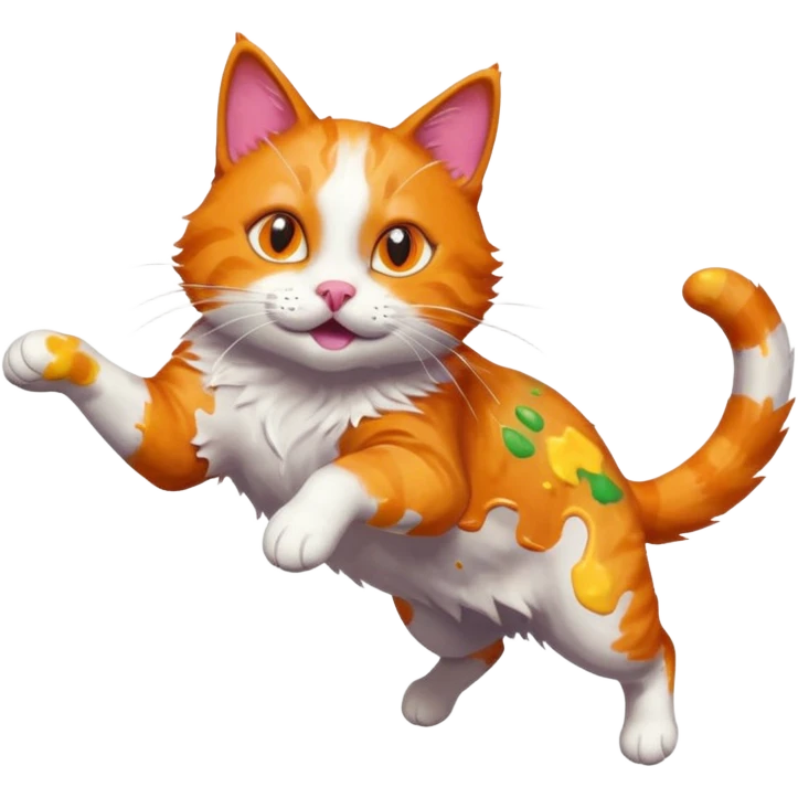 Chat roux qui saute dans la peinture emoji