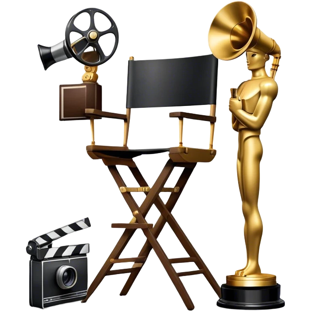 Professional icon for Directing: a collage featuring a director's chair, a film camera, a megaphone and an Oscar trophy. The icon should represent the craft and creativity of film directing, with emphasis on leadership and cinematic artistry. Transparent background. emoji