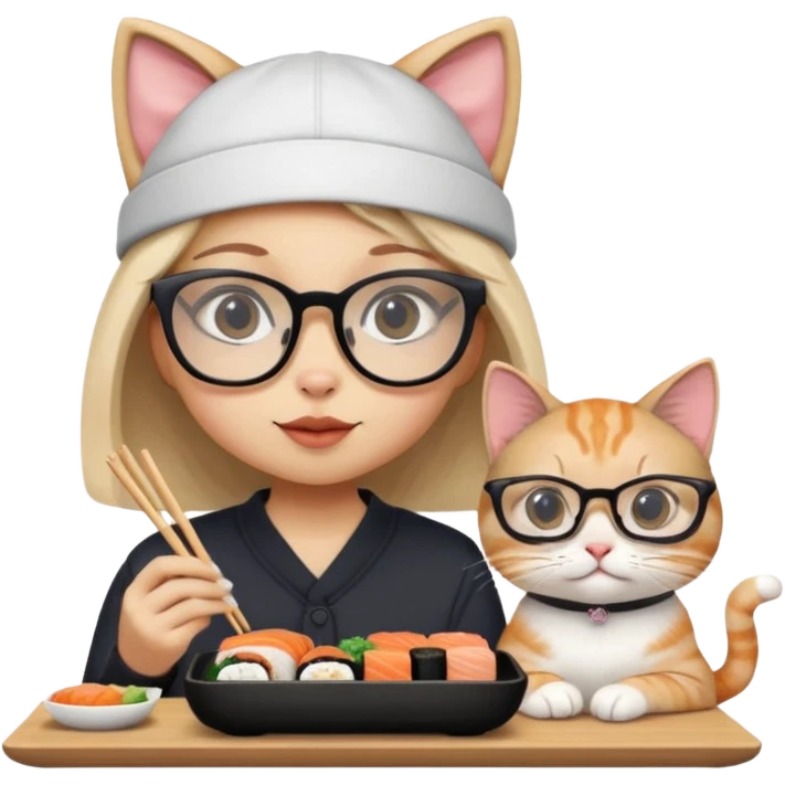 cute girl cat with really big square glasses with super thin frames eating sushi with a boy cat wearing a san antonio spurs cap emoji