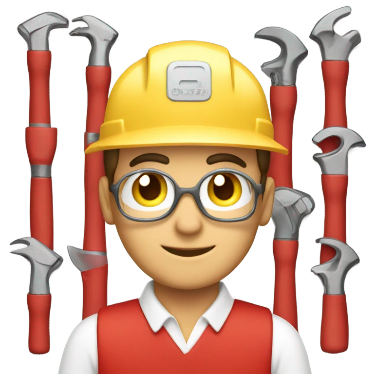 a good-looking technician wearing red uniform, holding tiling tools emoji