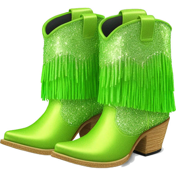 Realistic lime green fashion cowgirl boots with sparkly shiny glitter fringe on them. emoji