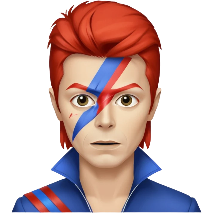 A male rockstar wearing Ebay brand colours and David Bowie face paint emoji