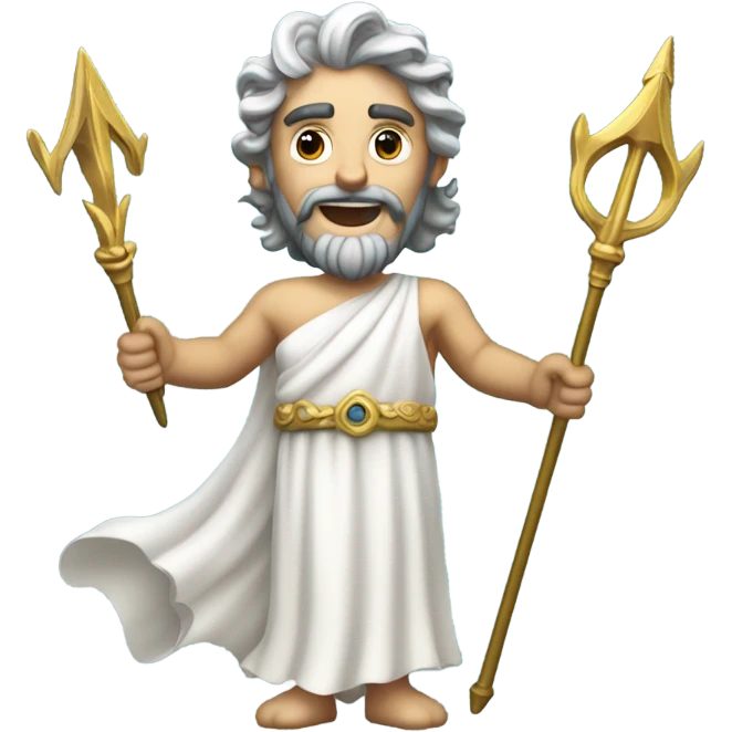 Poseidon with Trident. white dress. smile . eye blink emoji