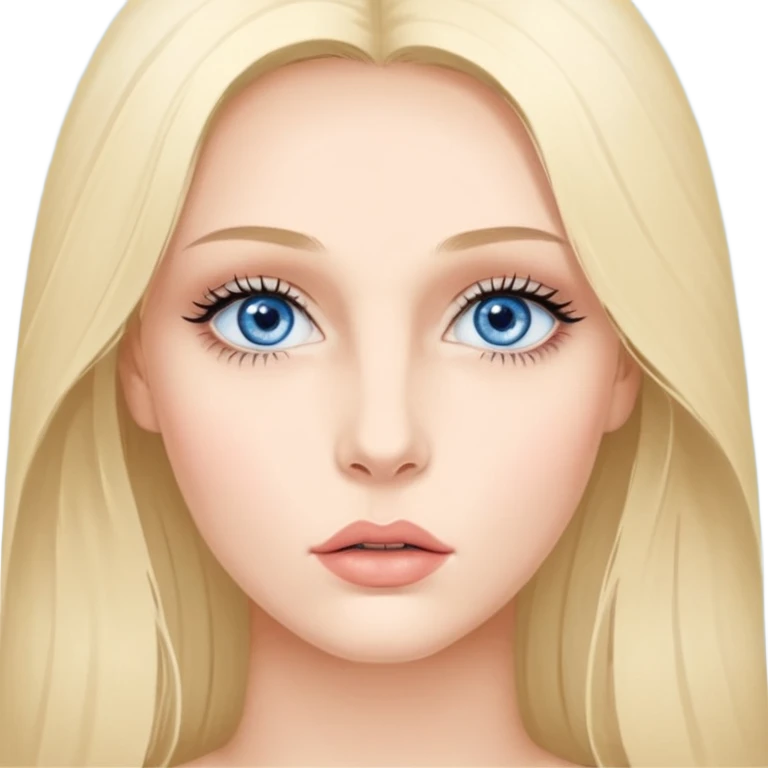 Bonnie Blue Porträt einer jungen Frau mit ovalem Gesicht, großen hellblauen Augen, langen Wimpern und geschwungenen Augenbrauen. Gerade, feine Nase und volle Lippen mit sichtbarem Lächeln. Glatte, leicht gebräunte Haut mit natürlichem Glow. Schulterlanges, blondes Haar mit Locken und Mittelscheitel emoji