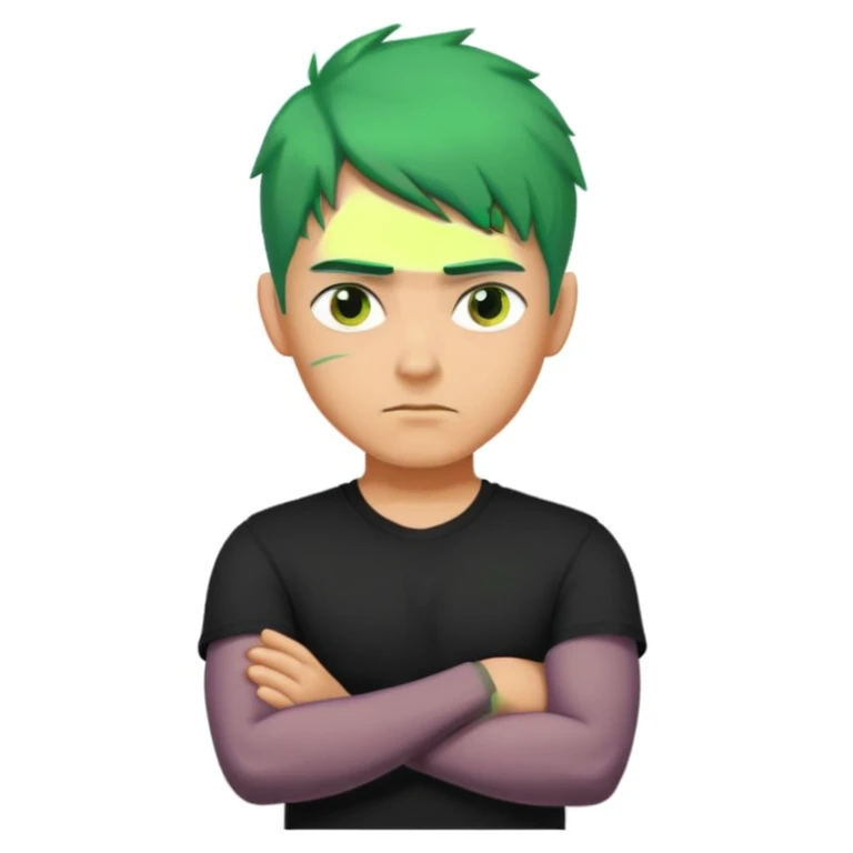 a man with his arms crossed over his chest, green hair, and serious eyes emoji
