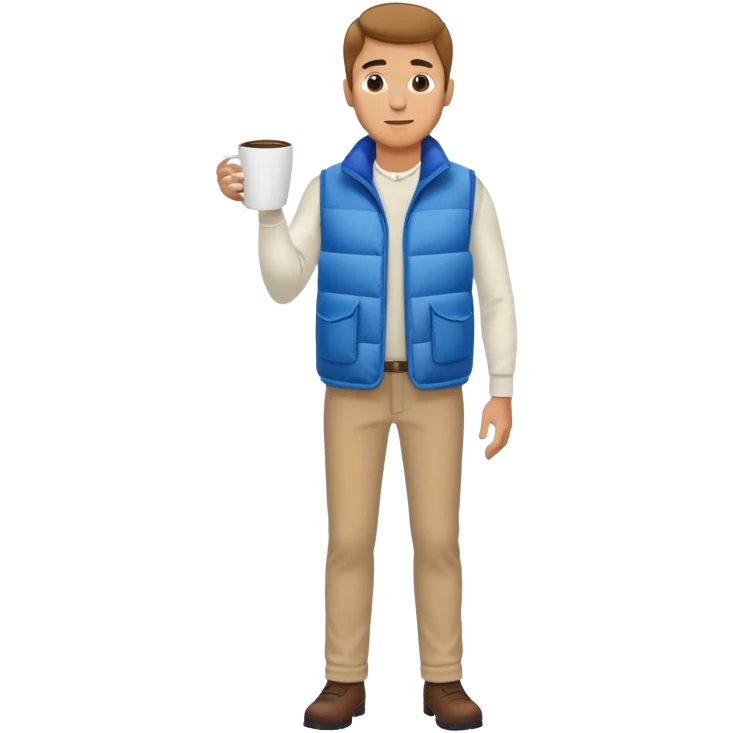 full length man with white long sleeve shirt and blue puffy winter vest WITH NO POCKETS holding a coffee mug in front of him and nothing in his other hand emoji