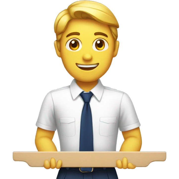 A man with white shirt navy blue tie raising a board emoji
