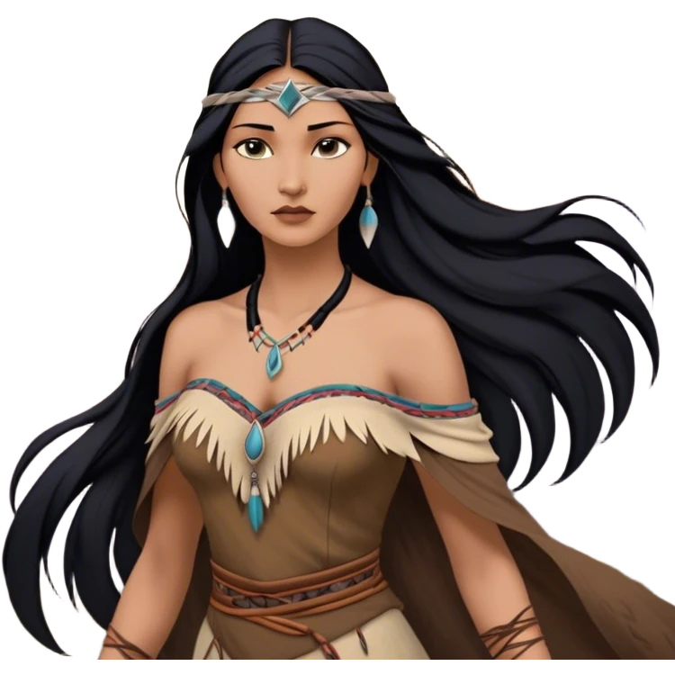 Cinematic Realistic Pocahontas Portrait, depicted with lifelike skin texture, soft natural lighting, and intricately detailed long, flowing raven-black hair that moves gracefully in the wind. Her deep, soulful dark brown eyes exude wisdom and strength, complemented by a serene yet powerful expression. She is dressed in her classic one-shoulder native american dress, with rich fabric textures and delicate beaded details that catch the light beautifully. The portrait features a soft, sun-kissed glow with a natural, radiant finish, capturing the essence of untamed beauty and deep connection to nature in a realistic and painterly style, evoking a sense of depth and authenticity. emoji