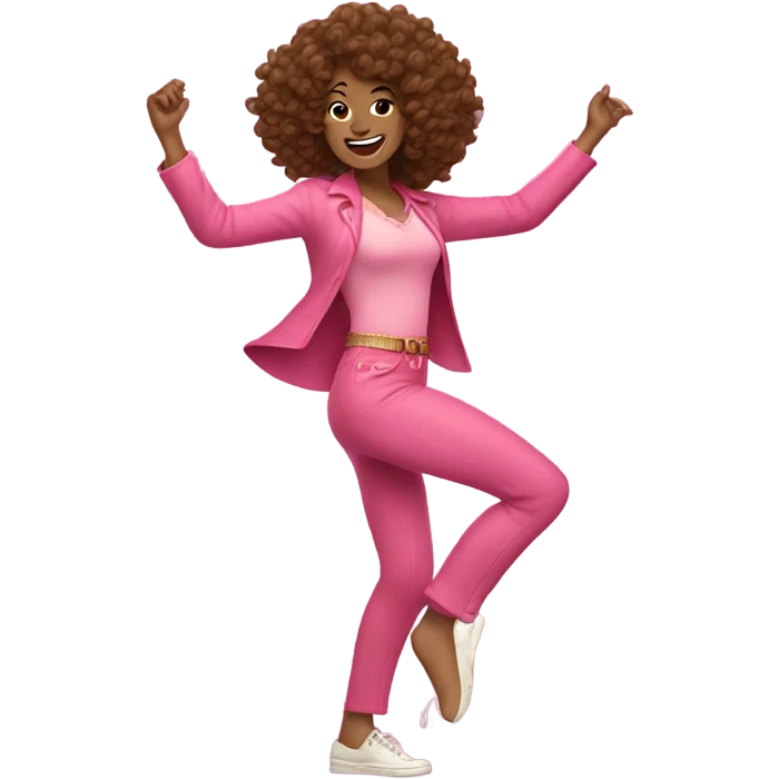 Woman with brown curly hair 70s dancing in pink  emoji