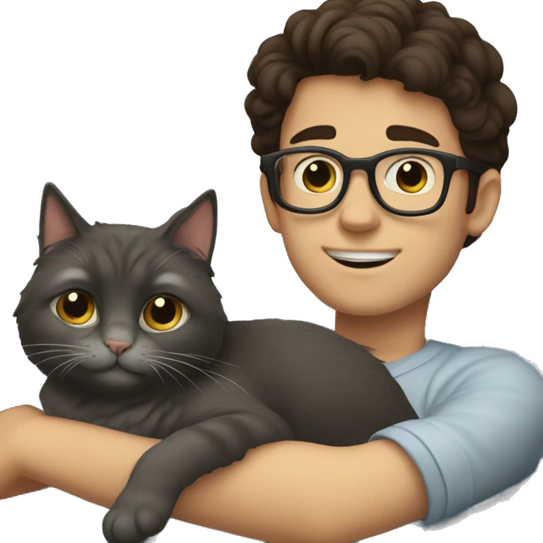 A boy with dark brown hair and glasses is laying with his grey cat emoji