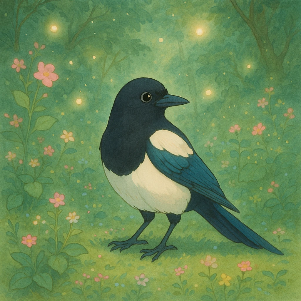 Eurasian magpie, ghibli style, gentle and magical atmosphere emoji