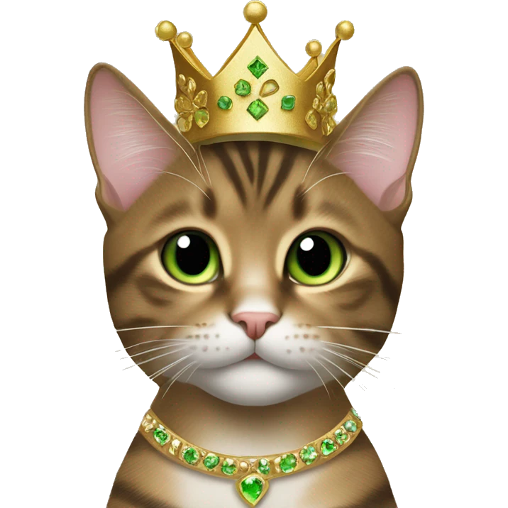 green eyed brown Tabby mixed cat wearing a gold princess crown emoji