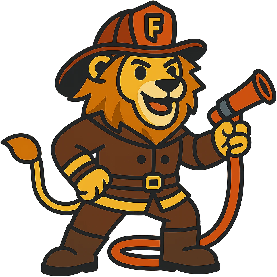 Change the fireman uniform to a vintage firefighter outfit, keep the lion heroic and vibrant, no background. emoji