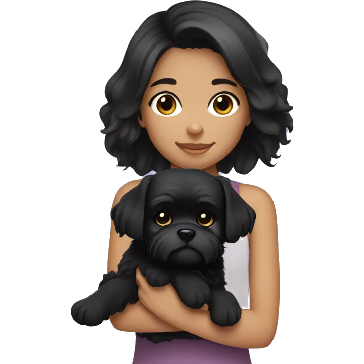 black haired girl holding a black shi tzu emoji