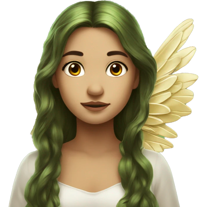 big wings, Beautiful, fairy, gold, brown, dark green, green, long hair emoji
