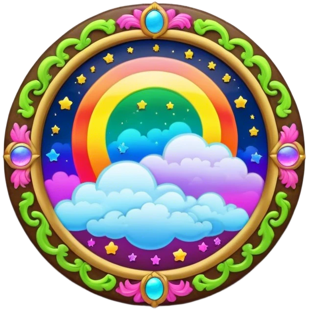 Beveled button with Neon rainbow colored damask style full moon with stars and clouds in the center emoji