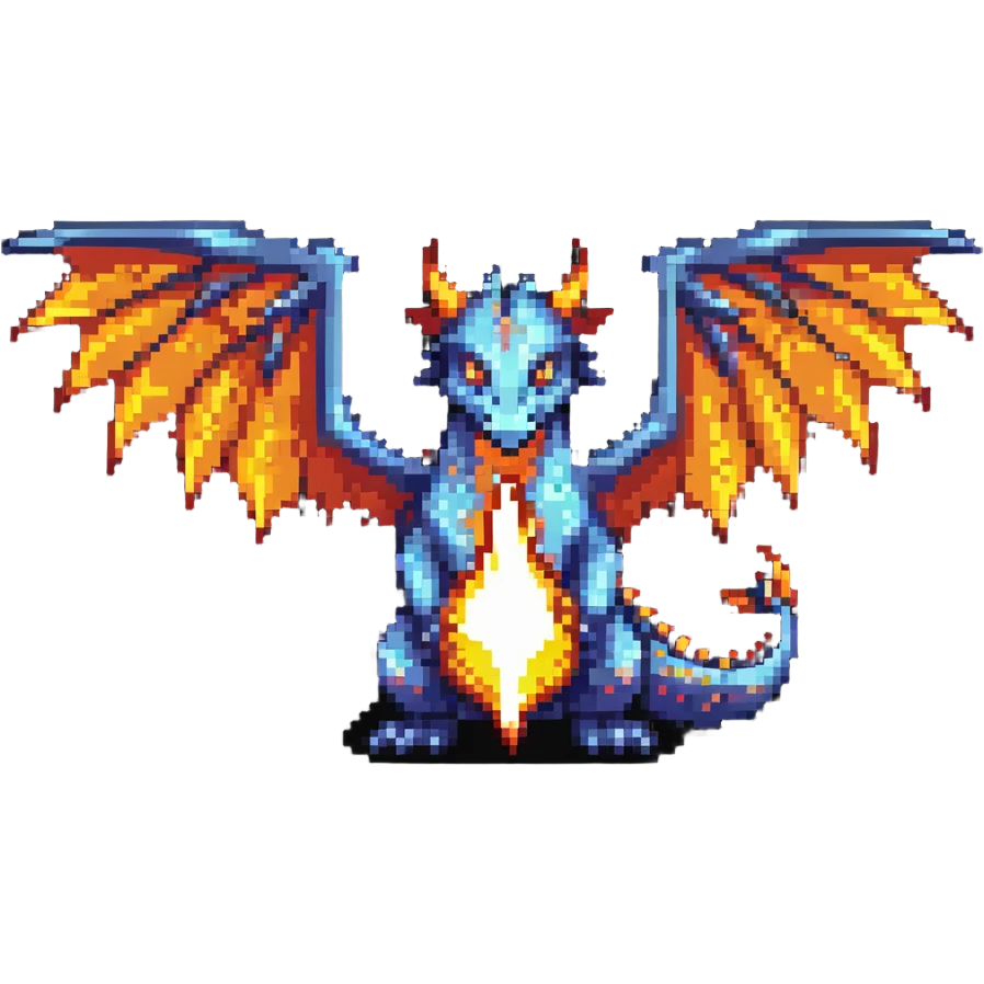 A retro-style dragon with wings and flame breath emoji