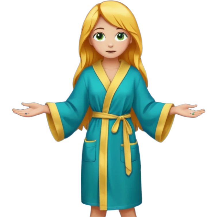 lightly tanned skin, green-blue eyes, cute and sexy girl with bright yellow-brown hair in a dark sky pallete robe, golden rings, slight cute makeup, full body emoji