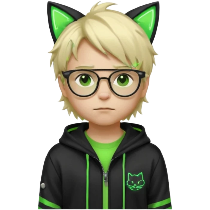 Light blond, slightly messy hair
Black glasses
A black hoodie with cat ears
Neon green details on the jacket and pants (glowing lines and stripes)
An overall hacker / cyberpunk style look
A neutral facial expression (boy eyes brown) emoji