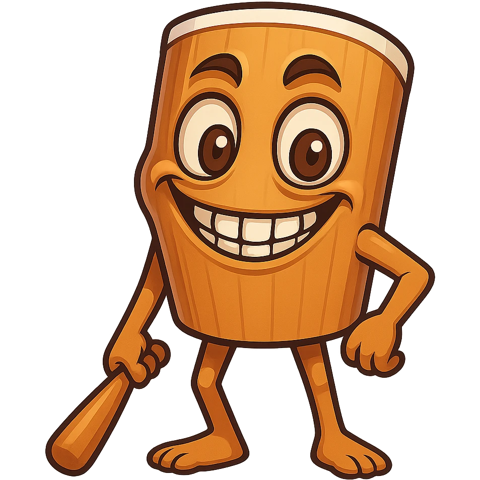 square image of absurd wooden stick-man creature, drum-like cylindrical body, holding baseball bat, cartoon style, bright vivid colors, expressive face, dynamic pose, a bit creepy yet funny,  emoji