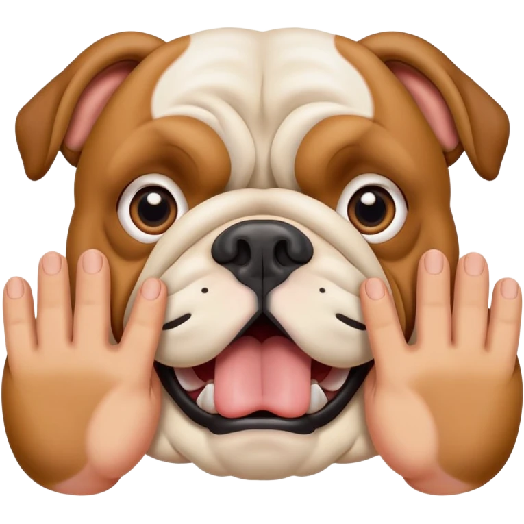British bulldog dog with hands out in front of face in a surprised pose emoji