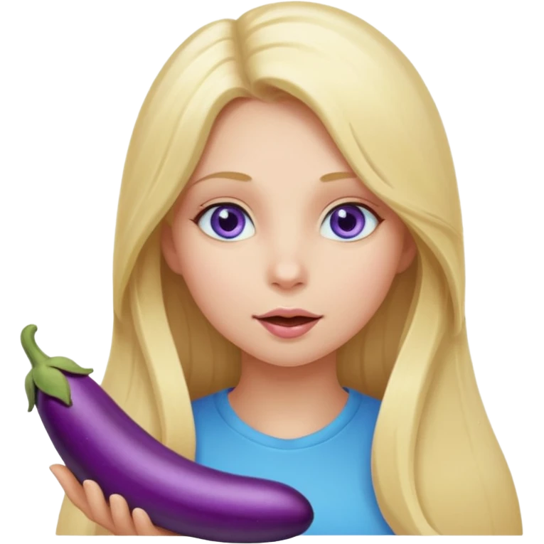 Girl, long blond hair, blue eyes, sucking eggplant emoji