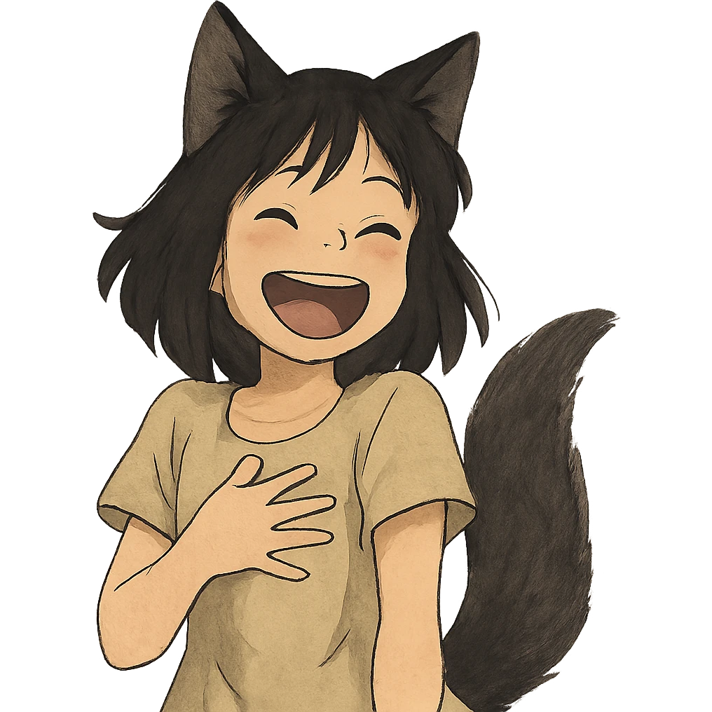 A girl with black fox ears and a tail, green eyes, dark hair, laughing emoji