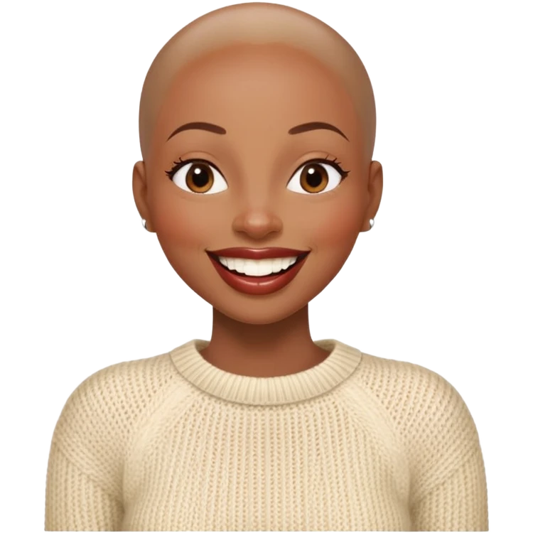 shiny skin wearing cream knitted sweater Alluring laughing black woman wide nose bald head big brown lips  emoji