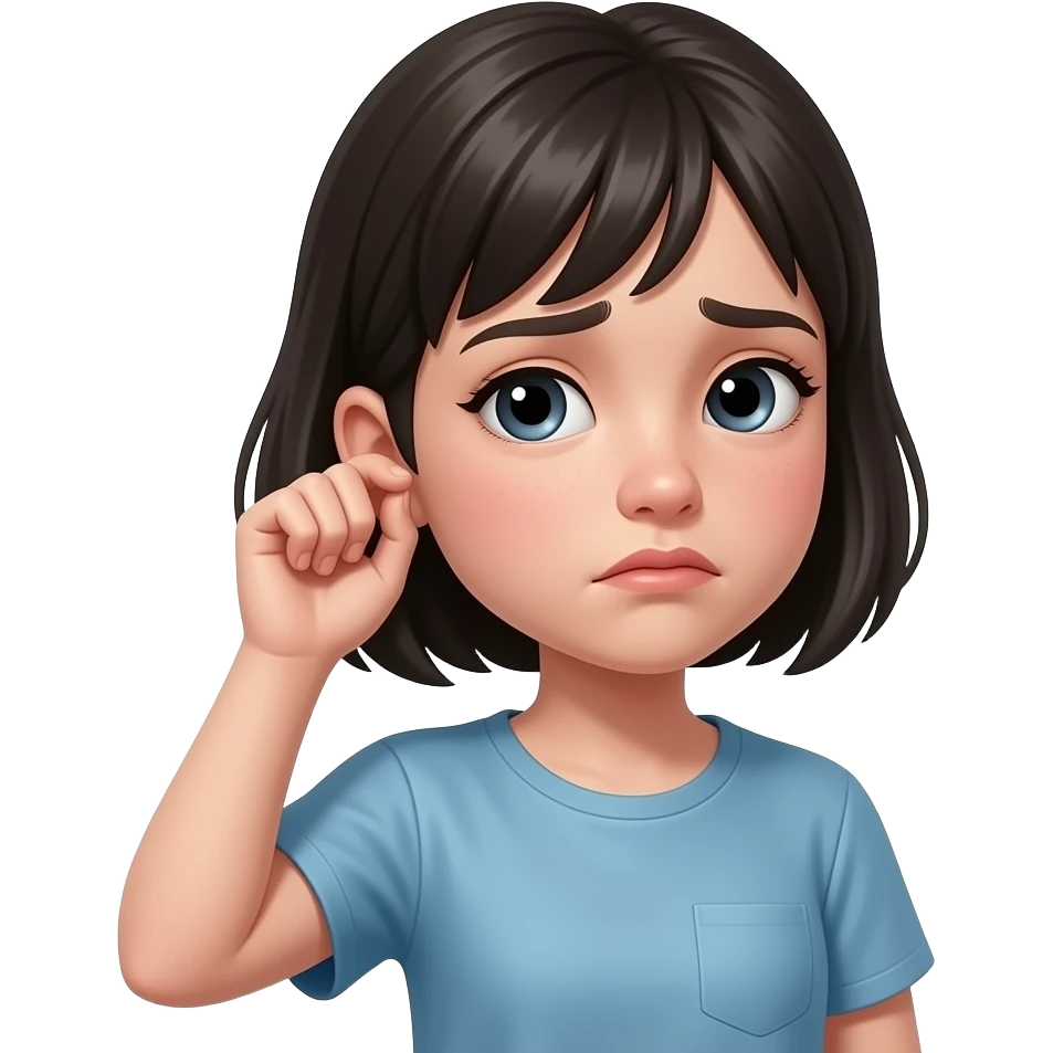 A pale girl with a little sad face wearing a t-shirt catching her ears emoji