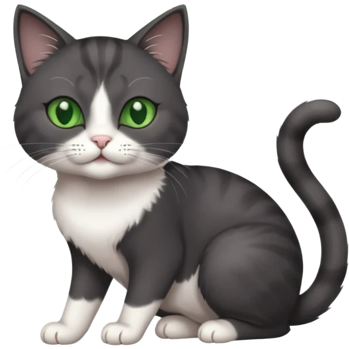 beautiful female solid dark grey cat with green eyes, white toes/paws and white patch on her chest playing emoji