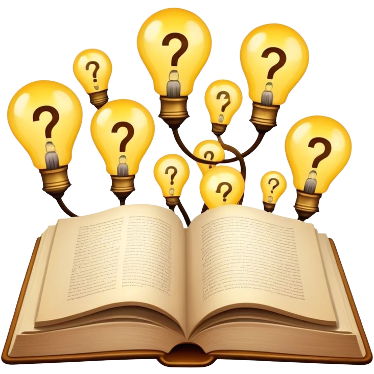 book covered in question marks and lamps emoji