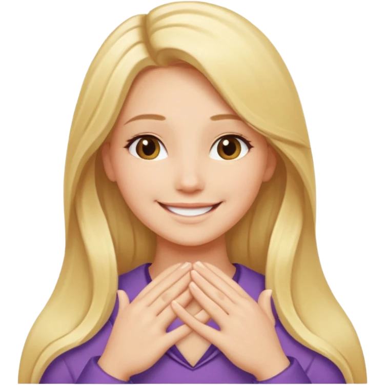 Girl with long blonde hair smiling with hands laying flat in a v shape under chin  emoji
