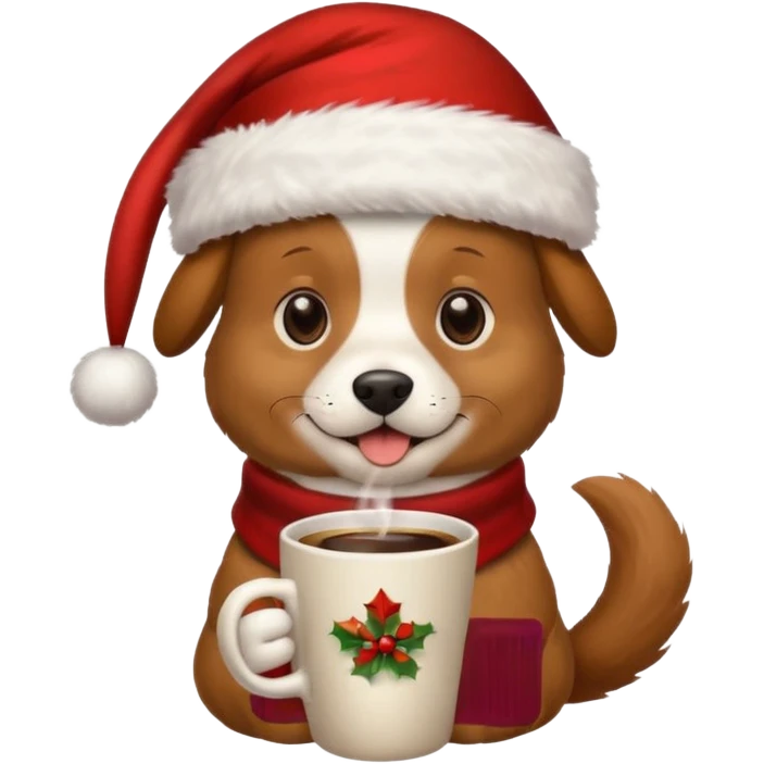 Un perro con un sombrero de Navidad que tenga una taza de café en la mano emoji