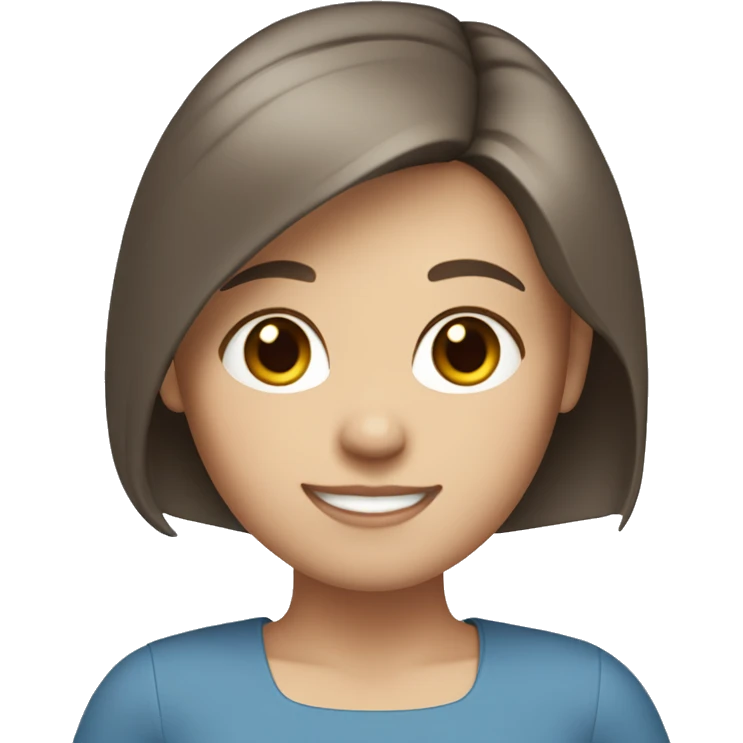a girl with straight short brown hair, white skin, gray eyes, in a blue blouse is smiling emoji