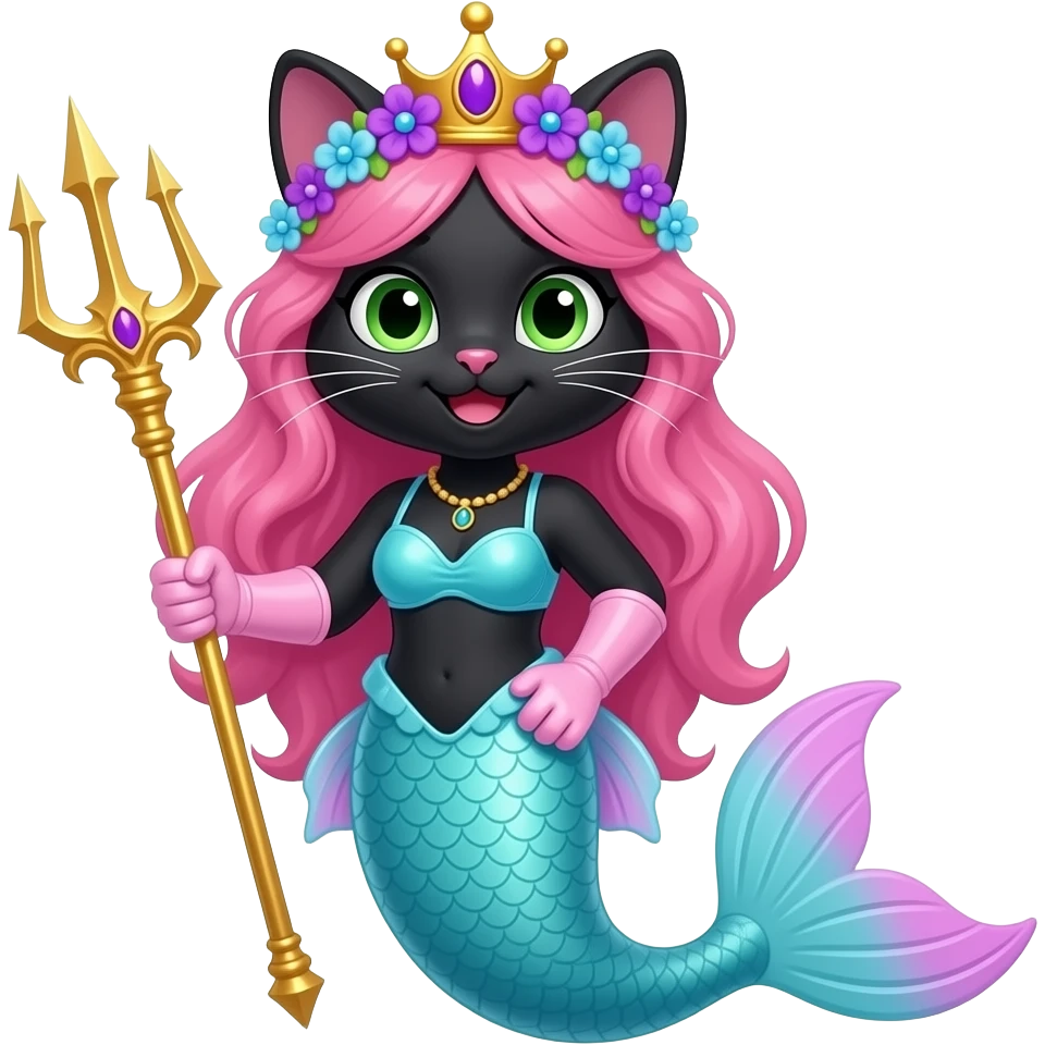 black cat smiling  pink long hair golden crown purple and blue flowers green eyes light pink gloves very long cyan mermaid tail with pink fins swimsuit cyan holding a golden trident emoji