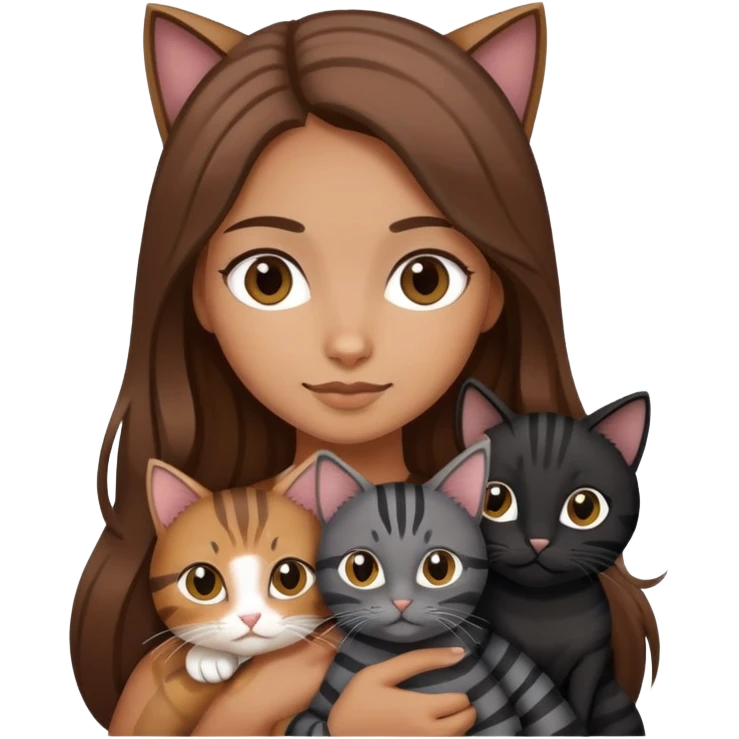 tan girl with long brown hair holding two cats, one black cat and one grey-striped cat emoji