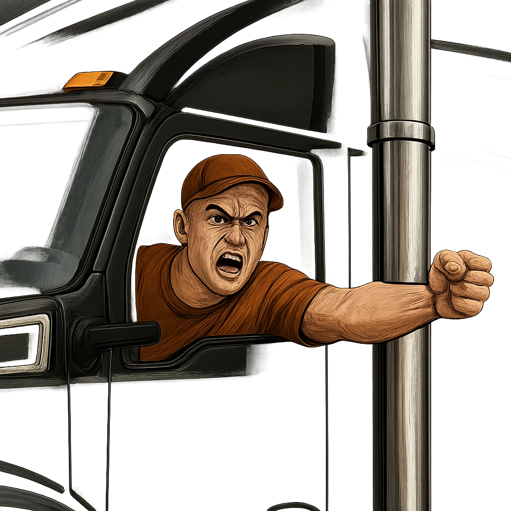 Zoom in closer on the cab of the truck. Make the person in the truck look angry, bald, wearing an orange shirt and a baseball cap. Keep the truck black with a chrome stack. Maintain a transparent background. emoji