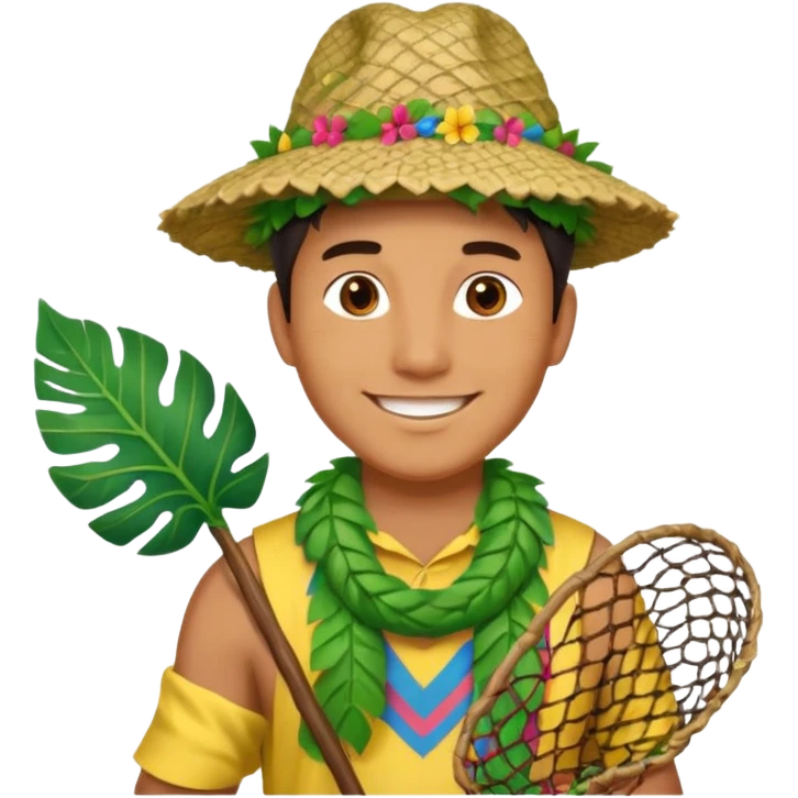 Hawaiian man with leaf hat and big net and colorful cloth emoji