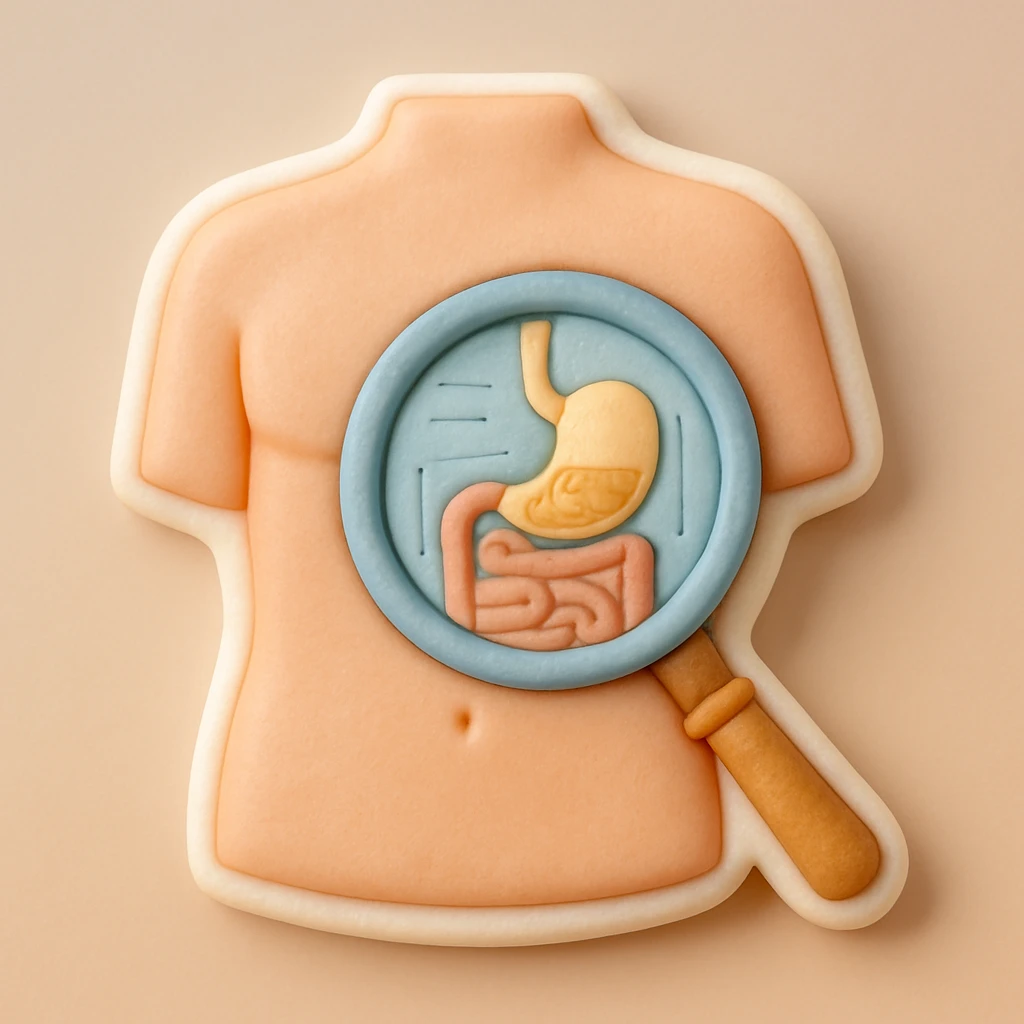 sticker of a magnifying glass over the abdomen, featuring a cross-section view and medical diagram elements, clinical, clean, anatomical details emoji