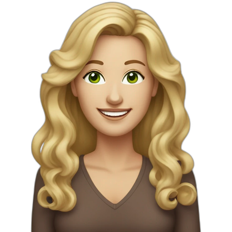 middle aged woman with blond and brown long wavy hair, green eyes and a smile wearing hoop earrings emoji