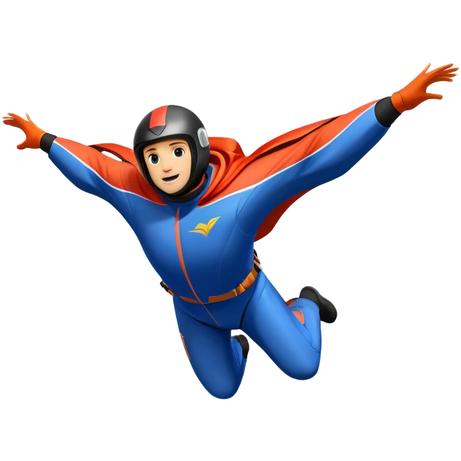 A wingsuit jumper soaring through the air between towering mountains, with the suit spread wide to catch the wind. The background features dramatic cliffs and expansive skies, emphasizing the thrill and freedom of base jumping in a stunning natural landscape. emoji