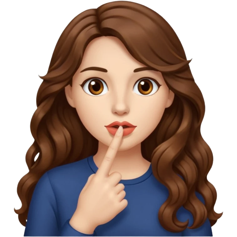 I want her hair to be long, wavy, brown, and fair-skinned, and for her to put her finger on her lips. emoji