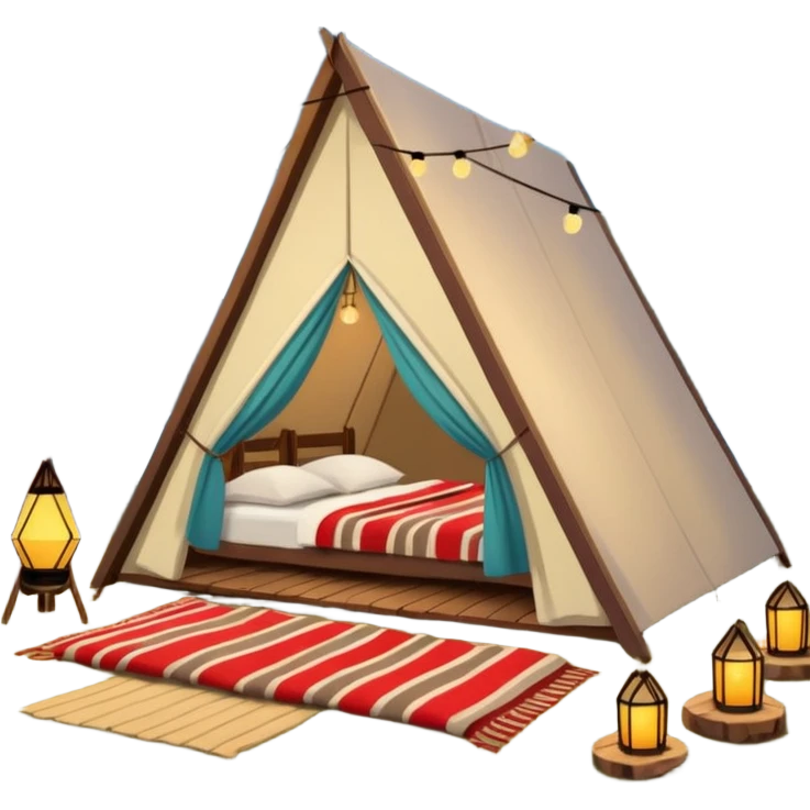 A-Frame house in a glamping setting, with string lights and cozy details emoji