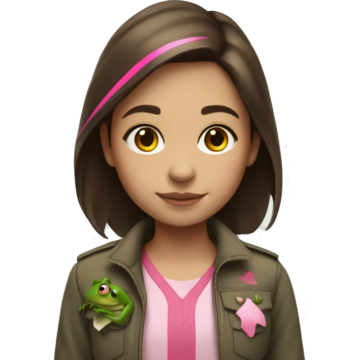 a girl who lives in brixton with medium length brown hair, with a line of pink streak through it, who is standing with a frog on her shoulder emoji