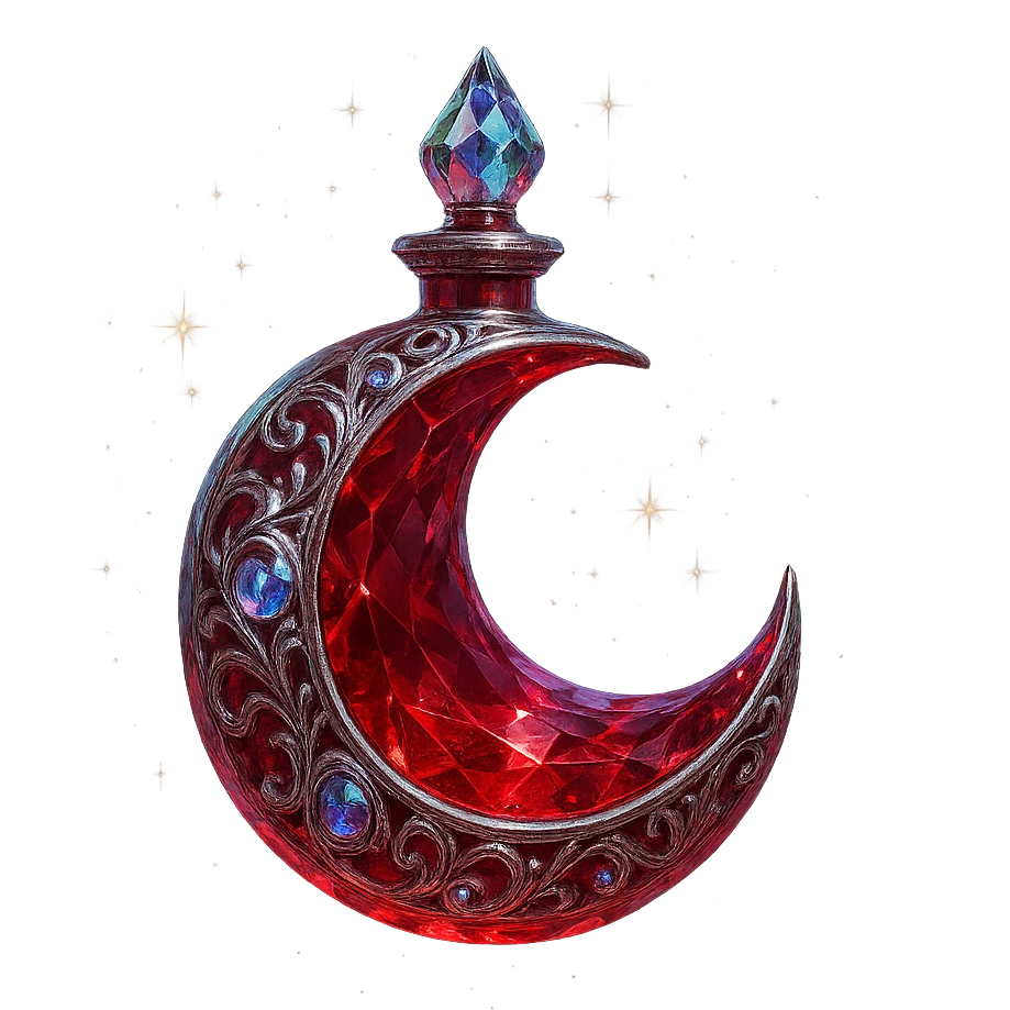 luxurious crystal elixir bottle in red moon shape, mysterious and mystical, deep red color, ornate silver and iridescent details, magical glowing and sparkling effects, very small neck, seamless bottom, transparent background, bottle clearly floating in air, no base or shadow, modern, collection style emoji