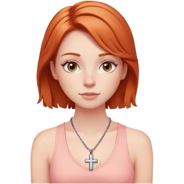 Auburn ginger haired girl with eyelashes wearing a cross necklace and a light coral pink tank top emoji