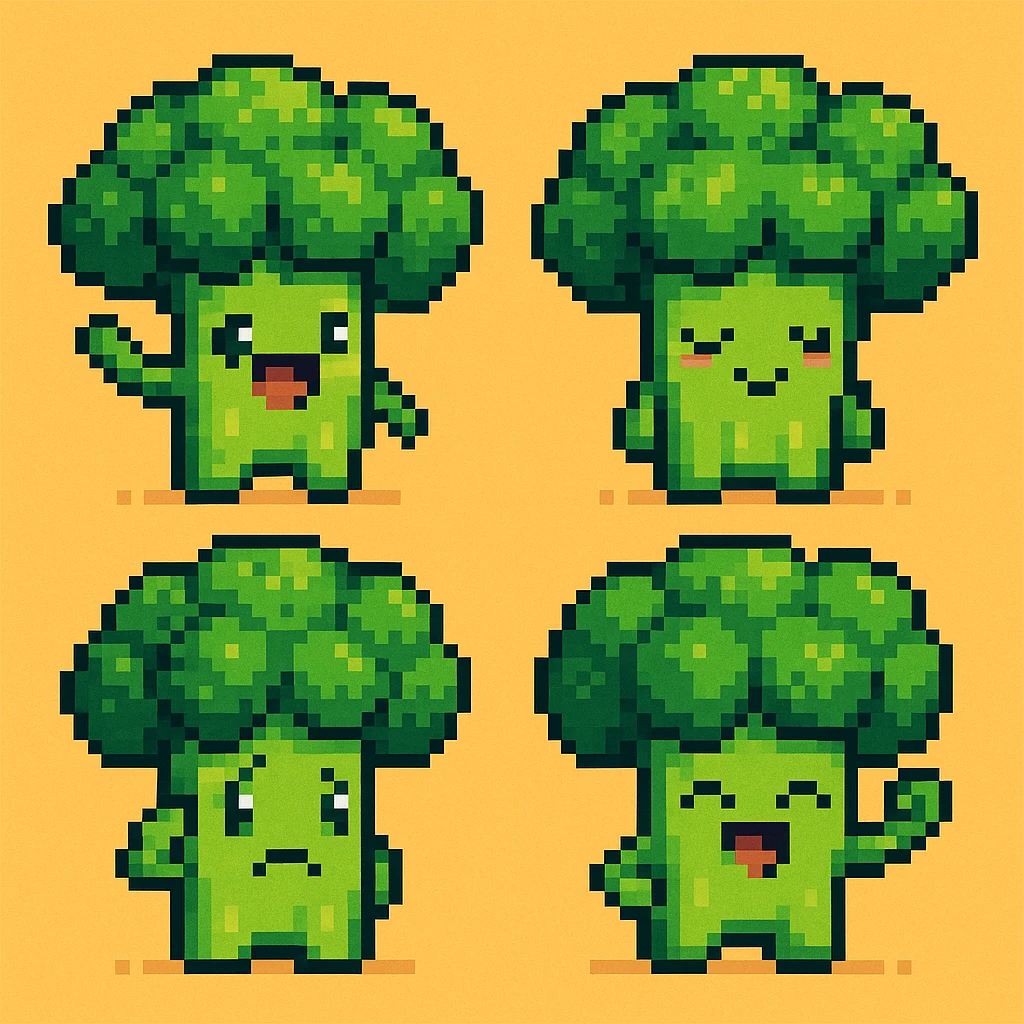 Create more broccoli images in pixel art style with different poses and expressions. Maintain the pixel art aesthetic and vibrant colors consistent with the original broccoli image. emoji